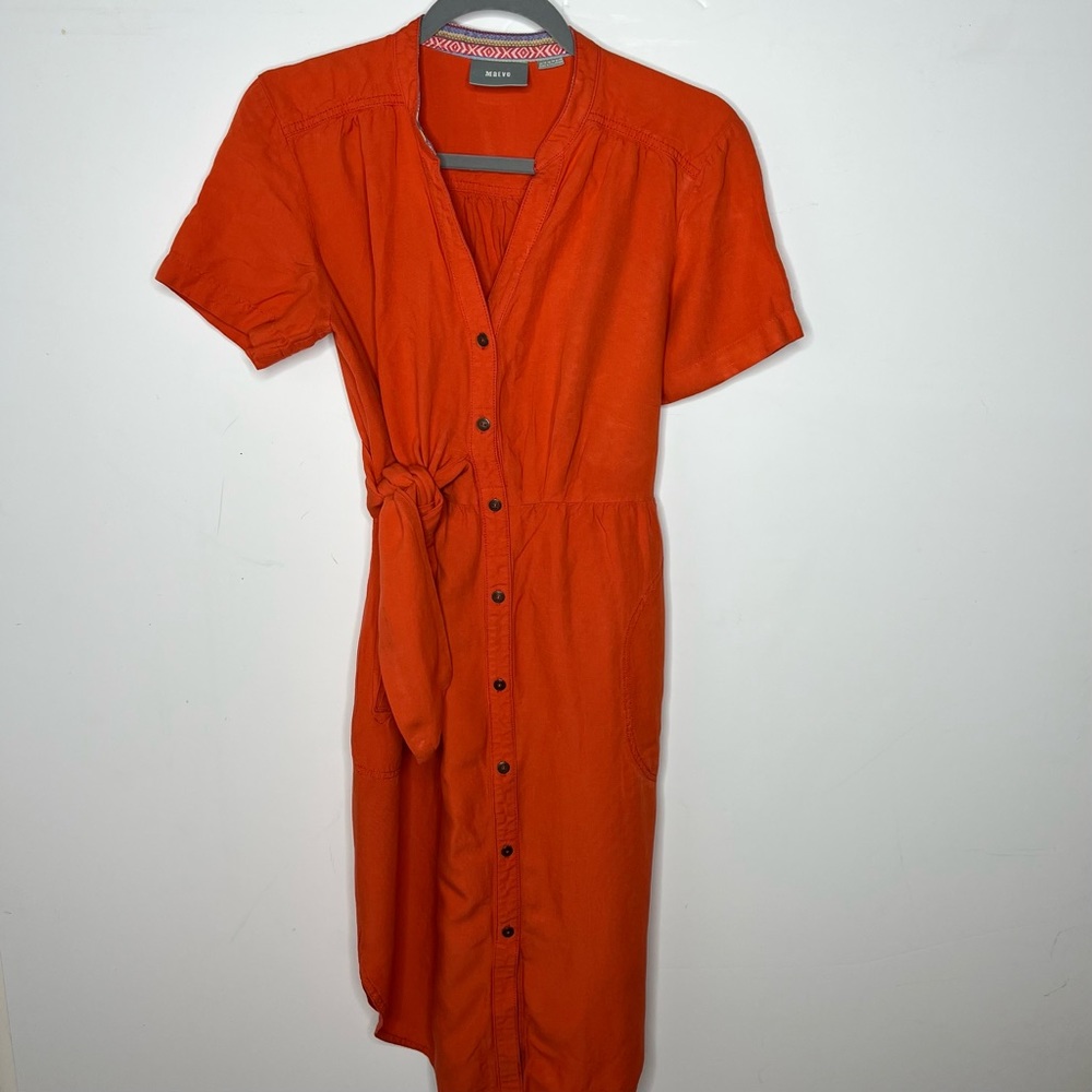 Maeve Anthropologie Orange Shirt Dress Unique Tie Waist Detail Size 10